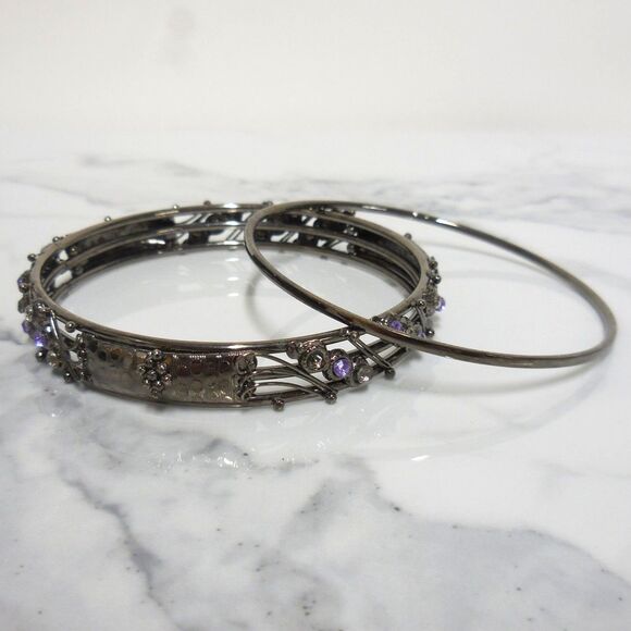 Dark Metal Bangle Set | Purple & Clear Rhinestones | Stackable Bracelets | 8.5" - Picture 1 of 3